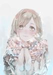  1girl bangs blonde_hair blush coat djeeta_(granblue_fantasy) granblue_fantasy hairband hands_clasped hands_together highres light_smile lips long_sleeves looking_at_viewer mittens naogen portrait scarf short_hair snowflakes snowing swept_bangs winter_clothes winter_coat yellow_eyes 