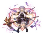  1girl :d black_boots black_skirt boots breasts cleavage demon_horns demon_tail demon_wings detached_sleeves feathers full_body granblue_fantasy hair_intakes hair_ornament horns idolmaster idolmaster_cinderella_girls koshimizu_sachiko long_sleeves low_wings minaba_hideo official_art open_mouth purple_hair purple_wings scythe short_hair simple_background skirt small_breasts smile solo tail transparent_background wings yellow_eyes 