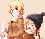  2girls bangs beanie black_shirt blonde_hair blue_eyes blush buttons closed_eyes coat commentary_request cup darjeeling eyebrows eyebrows_visible_through_hair girls_und_panzer hat highres kapatarou katyusha mittens multiple_girls open_mouth scarf shirt short_hair smile steam teacup teapot tied_hair twitter_username upper_body winter_clothes winter_coat 