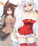  2girls animal_ears antlers bei_mochi bell blush bodysuit breasts brown_hair christmas cleavage collar covered_navel dress fake_horns flying_sweatdrops fur_trim highres imaizumi_kagerou inubashiri_momiji large_breasts leash long_hair looking_at_viewer multiple_girls open_mouth red_dress red_eyes red_legwear revision sack santa_costume short_dress simple_background smile tail thigh-highs touhou white_background white_hair wolf_ears wolf_tail 