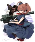  1girl artist_name bald_eagle bird black_dress breast_pocket breasts brown_hair cowboy_shot dress eagle fim-92_stinger flight_deck from_side hair_over_one_eye highres holding holding_weapon kantai_collection long_hair looking_at_viewer medium_breasts red_legwear red_neckerchief rocket_launcher saratoga_(kantai_collection) short_sleeves side_ponytail smokestack weapon wind wind_lift yamano_(yamanoh) 