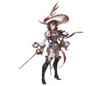  1girl ange_d&#039;erlanger blue_eyes boots brown_hair detached_sleeves flower full_body granblue_fantasy hat holding holding_weapon juliet_sleeves long_hair long_sleeves looking_at_viewer minaba_hideo open_mouth puffy_sleeves rose simple_background smile solo standing sword thigh-highs thigh_boots weapon 