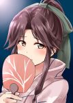  1girl :d bow brown_eyes brown_hair covering_mouth fan hair_bow hair_ribbon highres holding japanese_clothes jintsuu_(kantai_collection) kamelie kantai_collection kimono long_hair looking_at_viewer open_mouth paper_fan ponytail ribbon smile solo uchiwa yukata 