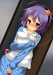  1girl absurdres ahoge blush collarbone cowboy_shot door doorway dutch_angle eyeball hairband heart highres komeiji_satori looking_at_viewer glasses9071 pajamas pillow pillow_hug purple_hair red_eyes short_hair solo third_eye touhou 