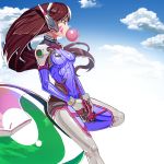  1girl bangs blue_sky bodysuit boots bracer breasts breasts_apart brown_eyes brown_hair bubble_blowing bubblegum clouds cloudy_sky covered_navel cowboy_shot d.va_(overwatch) day echa eyebrows eyebrows_visible_through_hair facial_mark from_side gloves gum gun handgun headphones highres holding holding_gun holding_weapon knee_pads knee_up leaning_back legs_apart long_hair long_sleeves looking_away medium_breasts meka_(overwatch) overwatch pauldrons pilot_suit profile ribbed_bodysuit shoulder_pads skin_tight sky solo standing standing_on_one_leg tanukimaso thigh-highs thigh_boots thigh_strap turtleneck weapon whisker_markings white_boots white_gloves 
