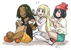  1boy 2016 2girls :d artist_name black_hair blonde_hair braiding_hair closed_eyes combing dark_skin dark_skinned_male dated dc9spot dress female_protagonist_(pokemon_sm) flying_sweatdrops food food_on_face full_body green_eyes green_hair grey_eyes hair_down hairdressing hat hau_(pokemon) indian_style lillie_(pokemon) malasada multiple_girls open_mouth pokemon pokemon_(game) pokemon_sm shirt shorts sitting smile t-shirt white_background 