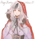  1girl animal_ears black_hair brown_eyes character_name fire_emblem fire_emblem_if gloves grey_hair happy_birthday heart hood kannawataame long_hair multicolored_hair simple_background solo two-tone_hair upper_body velour_(fire_emblem_if) white_background wolf_ears 