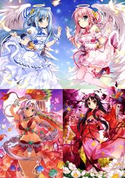  4girls absurdres angel arm_up bird black_hair blue_eyes blue_flower blue_hair blue_ribbon blue_shoes bow braid breasts brown_eyes butterfly cleavage dress eyebrows eyebrows_visible_through_hair feathered_wings forest fujima_takuya green_flower groin hair_bow hair_ribbon highres holding_fan japanese_clothes kimono large_breasts long_hair looking_at_viewer moon multiple_girls nature navel one_leg_raised original pink_bow pink_dress pink_flower pink_hair pink_ribbon purple_flower red_shoes ribbon sash see-through shoes silver_hair skirt_hold striped striped_ribbon thigh-highs tree very_long_hair white_dress white_flower white_legwear white_wings wings wrist_cuffs yellow_feathers yellow_flower yukata 