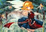  acrylic_paint_(medium) alice_margatroid apron blonde_hair blue_dress blue_eyes bow capelet doll dress frilled_sleeves frills hair_bow hairband long_hair long_sleeves looking_at_viewer pointing pointing_at_viewer polearm qqqrinkappp red_ascot red_bow short_hair spear touhou traditional_media tree waist_apron weapon 