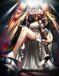  1girl albedo black_hair breasts btraphen dress full_body gloves highres horns large_breasts legs long_hair looking_at_viewer looking_down orange_eyes overlord_(maruyama) sitting solo throne white_dress white_gloves wings 