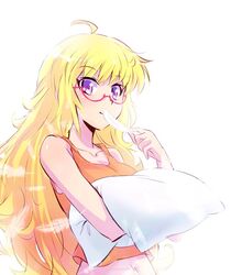  1girl blonde_hair blush glasses iesupa long_hair looking_at_viewer midriff navel pillow rwby solo violet_eyes yang_xiao_long 