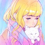  1girl blonde_hair blue_eyes cat commentary cover_image ilya_kuvshinov long_hair original scarf solo 