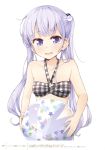  1girl absurdres bikini breasts collarbone eyebrows eyebrows_visible_through_hair highres holding long_hair looking_at_viewer new_game! open_mouth purple_hair simple_background small_breasts solo suzukaze_aoba swimsuit tokunou_shoutarou twintails upper_body violet_eyes white_background 