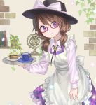  1girl alternate_eye_color ama-tou apron armillary_sphere bolo_tie book bookshelf bow brick brown_hair buttons cake collarbone collared_shirt crescent cup fingernails flower_pot food frills glasses hat hat_bow highres holding holding_tray indoors leaf leaning_to_the_side long_sleeves looking_at_viewer low_twintails pink_lips plaid plaid_shirt plaid_skirt plant plate quimbaya_airplane red-framed_eyewear saucer semi-rimless_glasses shelf shirt short_twintails skirt sleeve_cuffs sleeveless sleeveless_shirt smile solo star star_print touhou tray twintails under-rim_glasses usami_sumireko vase violet_eyes wall 