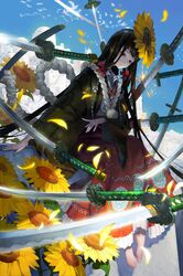  1girl barefoot bird black_hair blue_sky brown_eyes fangzhenyu flower hair_flower hair_ornament inishie_no_megami_to_houseki_no_ite katana long_hair official_art outdoors pale_skin petals sheath sheathed sitting sky solo sparks sunflower sword weapon wide_sleeves 