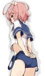  1girl ahoge arms_behind_back blush from_behind hair_ornament i-58_(kantai_collection) kantai_collection looking_back one-piece_swimsuit pink_eyes pink_hair sailor_collar sala_mander school_swimsuit short_hair short_sleeves solo swimsuit swimsuit_pull 