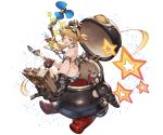  1girl ;d ahoge animal_costume ass bangs bikini bird black_gloves blonde_hair blue_bikini blue_eyes breasts fang flat_ass foreshortening full_body gloves goggles goggles_on_head granblue_fantasy holding minaba_hideo official_art one_eye_closed open_mouth pengie pengie_(granblue_fantasy) penguin penguin_costume petite robot short_hair short_twintails simple_background small_breasts smile solo star swimsuit transparent_background twintails 