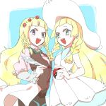  2girls :d bare_arms blonde_hair braid character_request collared_dress copyright_request dress green_eyes hat highres holding holding_poke_ball lillie_(pokemon) long_hair multiple_girls open_mouth poke_ball pokemon pokemon_(game) pokemon_sm quill shirley_fennes sleeveless sleeveless_dress smile sun_hat sundress tales_of_(series) tales_of_legendia twin_braids white_dress white_hat youme_(xz) 