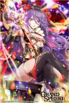  1girl arm_up bangs black_legwear breasts company_name copyright_name crystal dress earrings elbow_gloves gloves glowing grand_sphere holding holding_weapon jewelry kuroi large_breasts legs_crossed long_hair looking_at_viewer official_art parted_lips purple_hair red_eyes solo sparkle staff tattoo thigh-highs torn_clothes torn_thighhighs weapon 