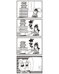  2girls 4koma :3 bkub bow comic greyscale hair_bow hammer highres long_hair monochrome multiple_girls pipimi poptepipic popuko school_uniform serafuku sidelocks simple_background two_side_up 