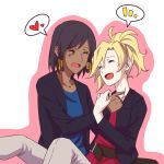  2girls alternate_costume bangs belt black_hair blonde_hair blue_shirt braid breasts collarbone dark_skin eye_of_horus facial_mark facial_tattoo hair_tubes heart jacket mercy_(overwatch) multiple_girls nyasa open_mouth overwatch pants pharah_(overwatch) ponytail red_shirt shirt short_hair side_braids sitting smile spoken_heart tattoo 