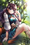  1girl animal animal_on_lap blue_eyes breasts brown_hair carrot cleavage cleavage_cutout daisy dappled_sunlight deijii_(papakai) dress elbow_rest flower hair_flower hair_ornament hand_to_forehead knees_up layered_dress light_smile long_hair long_sleeves looking_at_viewer medium_breasts original plant rabbit sitting solo sunlight 