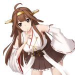  1girl ahoge bare_shoulders blush breasts brown_eyes brown_hair detached_sleeves ghound hairband headgear highres japanese_clothes kantai_collection kongou_(kantai_collection) leaning_forward long_hair looking_at_viewer nontraditional_miko parted_lips ribbon-trimmed_sleeves ribbon_trim solo 