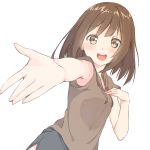  1girl armpit_peek bangs black_shorts blush brown_eyes brown_hair commentary eyebrows eyebrows_visible_through_hair highres hood hoodie kyoo-kyon_(kyo-kyon) looking_at_viewer open_mouth original outstretched_arm short_sleeves shorts simple_background smile solo sweater teeth upper_body white_background 