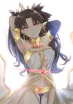 1girl absurdres armlet bare_shoulders black_hair crown earrings fate/grand_order fate_(series) glowing gu_li hair_ribbon highres hoop_earrings ishtar_(fate/grand_order) jewelry long_hair looking_at_viewer neck_ring pelvic_curtain red_eyes ribbon solo tohsaka_rin twintails two_side_up white_background 