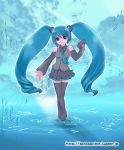  1girl aqua_eyes aqua_hair black_legwear blue_eyes blue_hair clouds detached_sleeves hatsune_miku legs_crossed long_hair musical_note necktie omuni sheet_music skirt sky solo staff_(music) standing thigh-highs treble_clef twintails very_long_hair vocaloid zettai_ryouiki 