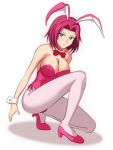  1girl angry animal_ears between_breasts blue_eyes breasts bunnysuit cleavage code_geass high_heels kallen_stadtfeld large_breasts legs pantyhose pink_legwear rabbit_ears redhead shoes short_hair solo 