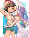  2girls absurdres bangs bare_arms beanie black_hair blonde_hair blunt_bangs blush braid dress female_protagonist_(pokemon_sm) floral_print green_eyes green_shorts hat highres lgw7 lillie_(pokemon) long_hair multiple_girls pokemon pokemon_(game) pokemon_sm red_hat shirt short_hair short_sleeves shorts signature sleeveless sleeveless_dress sun_hat twin_braids white_dress white_hat yellow_eyes yellow_shirt 