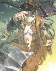  1girl absurdres arm_support bra breasts brown_hair cleavage grass green_eyes hand_on_headwear hat highres hiroe_rei long_hair medium_breasts military military_hat military_uniform navel open_clothes original outdoors panties purple_bra purple_panties sheath sheathed sitting smile solo sword underwear uniform weapon 