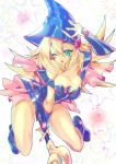  1girl ;o \n/ adjusting_clothes adjusting_hat bare_shoulders blonde_hair blue_boots blush_stickers boots breasts capelet choker cleavage collarbone dark_magician_girl duel_monster flipped_hair full_body green_eyes hair_between_eyes hat large_breasts long_hair minoru one_eye_closed open_mouth pentacle solo sparkle staff star starry_background vambraces wizard_hat yu-gi-oh! yuu-gi-ou_duel_monsters 