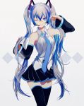  1girl 39 blue_eyes blue_hair cowboy_shot detached_sleeves hair_tousle hatsune_miku headset light_smile long_hair looking_at_viewer nail_polish necktie one_eye_closed pitsu_(kumasan0905) skirt solo thigh-highs twintails very_long_hair vocaloid white_background 