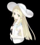  1girl bag bare_arms black_background blonde_hair blush braid closed_mouth collarbone collared_dress dress green_eyes handbag hat highres lillie_(pokemon) long_hair ozyako pokemon pokemon_(game) pokemon_sm simple_background sleeveless sleeveless_dress solo sun_hat sundress twin_braids upper_body white_dress white_hat 