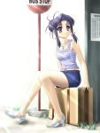  00s 1girl bus_stop casual denim denim_shorts haruka_(sister_princess) high_heels jewelry masakichi_(crossroad) necklace shoes short_hair shorts sister_princess solo suitcase 