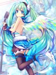  1girl 7th_dragon_(series) 7th_dragon_2020 black_legwear blue_eyes character_name from_side green_hair hatsune_miku high_heels highres kazucha long_hair looking_at_viewer microphone microphone_stand skirt solo thigh-highs twintails very_long_hair vocaloid wings 