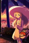  1girl 2016 :o bag bangs bare_arms bench blonde_hair blunt_bangs braid cat collared_dress dated dress duffel_bag green_eyes handbag hat lighthouse lillie_(pokemon) litten_(pokemon) long_hair ocean open_mouth outdoors palm_tree poke_ball_theme pokemon pokemon_(creature) pokemon_(game) pokemon_sm sky sleeveless sleeveless_dress solo sun_hat sundress sunset tairakakeru tree twin_braids water white_dress white_hat 