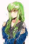  1girl breasts c.c. cleavage code_geass creayus green_hair long_hair simple_background sleeves_past_wrists sweater twitter_username v-neck white_background yellow_eyes 