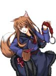  1girl alcohol animal_ears brown_hair cup dress fang fur holo jewelry long_hair mug red_eyes ribi ring rope simple_background solo spice_and_wolf tail wine wolf_ears wolf_tail 