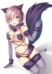  1girl alternate_costume animal_ears black_panties blush breasts cleavage commentary elbow_gloves eyebrows eyebrows_visible_through_hair fang fate/grand_order fate_(series) fur-trimmed_gloves fur-trimmed_legwear fur_collar gloves hair_over_one_eye halloween halloween_costume highres large_breasts navel o-ring o-ring_top open_mouth panties pink_ribbon purple_gloves purple_hair purple_legwear ribbon saku_kn shadow shielder_(fate/grand_order) short_hair simple_background solo stomach tail thigh-highs underwear violet_eyes white_background wolf_ears wolf_tail 