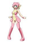  1girl audino bare_shoulders blue_eyes boots breasts covered_navel medium_breasts multicolored_hair open_mouth personification pink_hair pokemon sakasa_gurasan short_hair solo wristband 