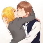  1boy 1girl blonde_hair brown_hair character_request closed_eyes couple haikyuu!! hug kiss letterman_jacket nail_polish open_mouth red_nails rio_(rio_01) short_hair smile tanaka_saeko_(haikyuu!!) 