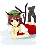  1girl animal_ears brown_eyes brown_hair cat_ears cat_tail chen earrings feet female footwear hat jewelry lowres multiple_tails ruit short_hair socks solo tail toe-point touhou 