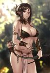  1girl armlet arrow bikini black_hair blurry_background bow_(weapon) bracer breasts choker cleavage cowboy_shot earrings hair_ribbon hair_strand holding holding_weapon hoop_earrings houtengeki jewelry large_breasts loincloth looking_at_viewer navel original outdoors pelvic_curtain pointy_ears quiver ribbon smile solo swimsuit tattoo tress_ribbon violet_eyes weapon 