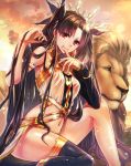  1girl animal bare_shoulders black_hair black_legwear commentary_request crown earrings fate/grand_order fate_(series) hair_ornament hair_ribbon hoop_earrings ishtar_(fate/grand_order) jewelry lion long_hair looking_at_viewer pelvic_curtain red_eyes ribbon single_thighhigh smile solo thigh-highs tohsaka_rin tsurumura_ichiru twintails two_side_up very_long_hair 