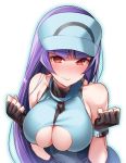  1girl ace_trainer_(pokemon) ace_trainer_(pokemon)_(cosplay) akira_(natsumemo) alternate_costume bare_shoulders blush breasts cleavage cleavage_cutout fingerless_gloves gloves gym_leader large_breasts long_hair natsume_(pokemon) pokemon pokemon_(game) pokemon_sm purple_hair red_eyes sm solo visor_cap 