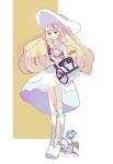  1girl bag bangs bare_arms blonde_hair blunt_bangs braid collared_dress dress duffel_bag flower full_body green_eyes handbag hat kneehighs kuri_(makuri_reed) lillie_(pokemon) long_hair morning_glory poke_ball_theme pokemon pokemon_(game) pokemon_sm purple_shoes shoes sleeveless sleeveless_dress solo standing sun_hat sundress twin_braids white_dress white_hat white_legwear 