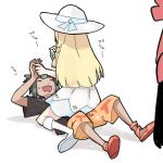  1boy 2girls beanie black_shirt blonde_hair bottle braid commentary_request dress female_protagonist_(pokemon_sm) hat hau_(pokemon) kneehighs lillie_(pokemon) long_hair multiple_girls pokemon pokemon_(game) pokemon_sm shiroshi_(denpa_eshidan) shirt simple_background spray_bottle spraying sun_hat sundress t-shirt twin_braids white_background white_dress white_hat white_legwear 